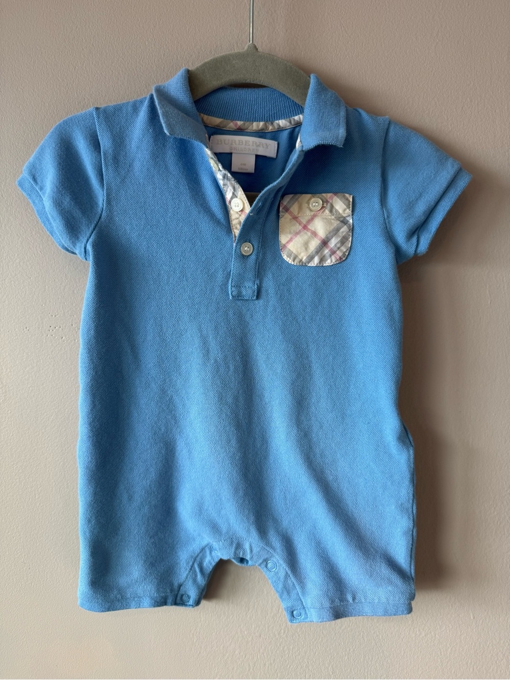Burberry Children Boys Blue Nova Check Plaid Pocket Shorts Romper Size 6 months
